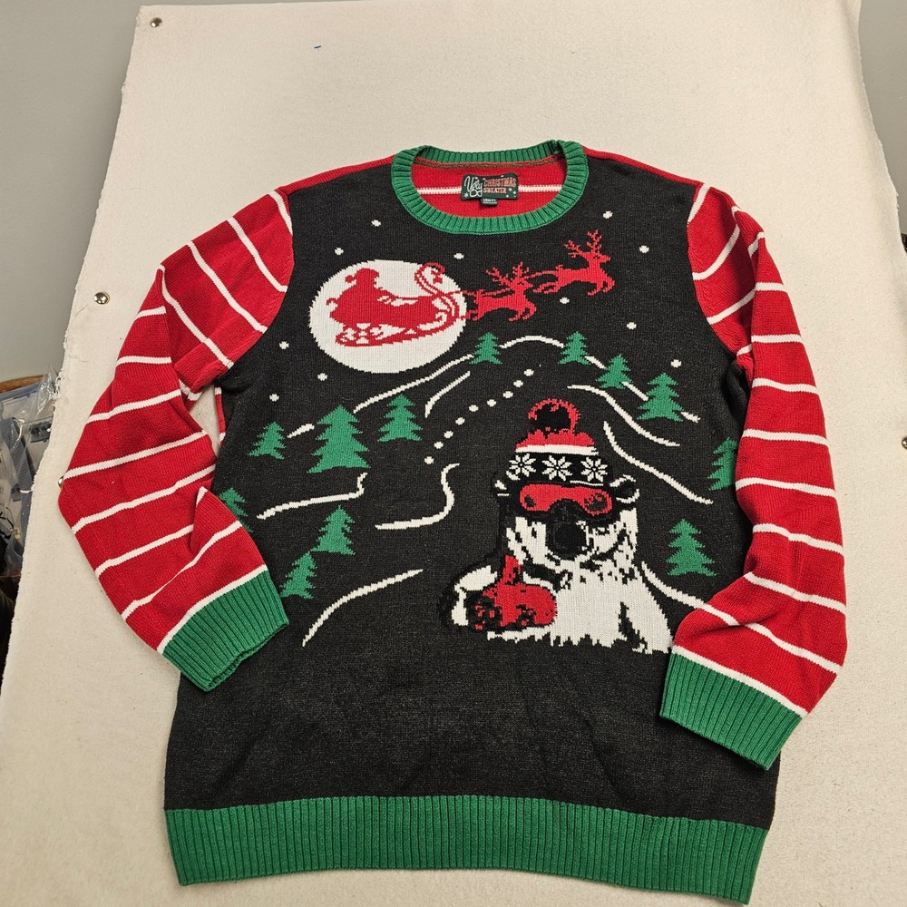 Ugly Christmas Sweater Mens 2XLT Tall Polar Bear Santa Skiing Holiday Knit Red